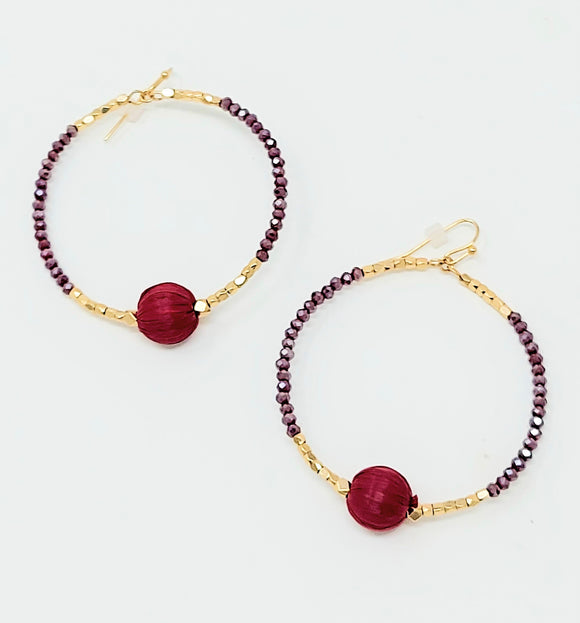 Ball Accented Open Circle Beaded Dangle Earrings. Burgundy Size : 1.75