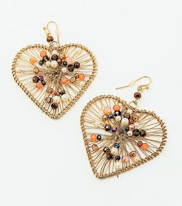 Crystal Bead Thin Wire Heart Dangle Earrings. Gold, Brown