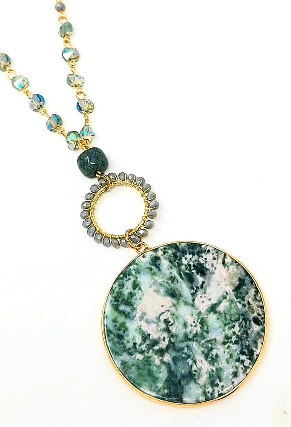Genuine Stone Pendant Crystal Long Necklace. Green ( Necklace - 30