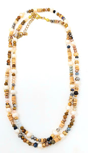 Pearls and Wood Mix Beads Long Necklace. Brown (Necklace - 26")