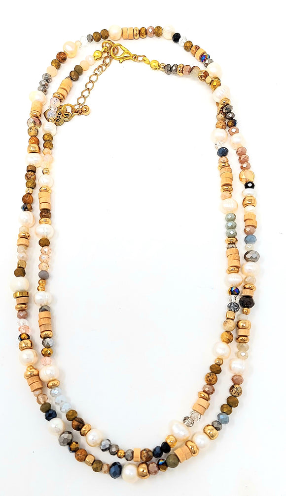 Pearls and Wood Mix Beads Long Necklace. Brown (Necklace - 26