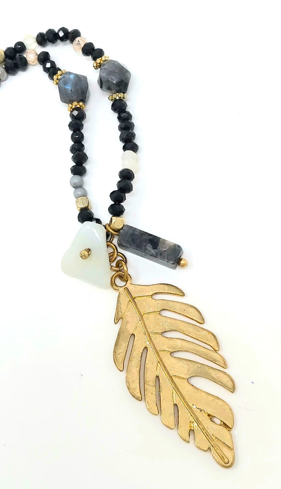 Natural Stones Leaf Pendant and Mix Beads Long Necklace. Black (Necklace - 26