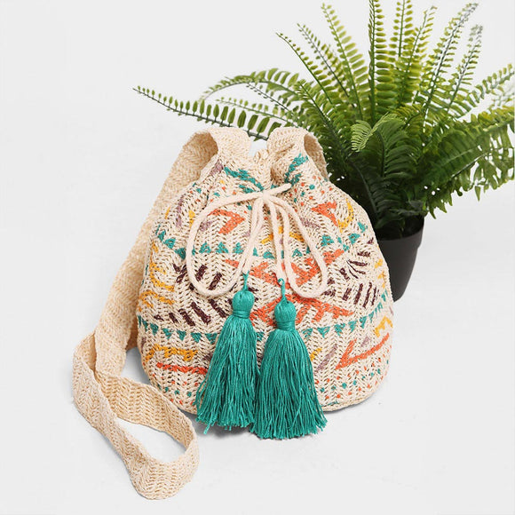 Wayuu Crossbody Bucket Bag. Mint, Multi. Size : 12