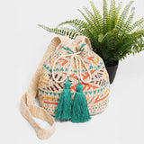 Wayuu Crossbody Bucket Bag. Mint, Multi. Size : 12" X 10" X 8"