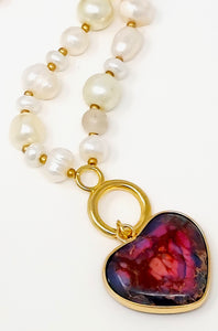 Pearl Natural Stone Heart Pendant Necklace. Purple. Necklace Size : 14.5" + 3.5" L