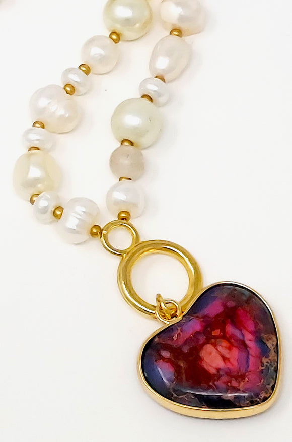 Pearl Natural Stone Heart Pendant Necklace. Purple. Necklace Size : 14.5