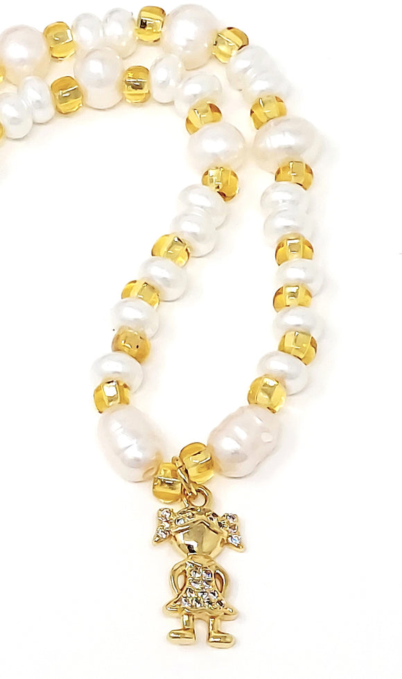Pearl necklace, Czech Crystals and little girl 18k gold plating pendant Necklace Size : 14.5