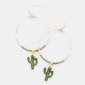 Cactus Beaded Dangle Earrings. Gold, Green