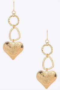Engraved Metal Heart Iconic Earrings. Gold