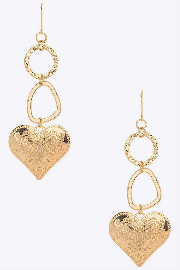Engraved Metal Heart Iconic Earrings. Gold