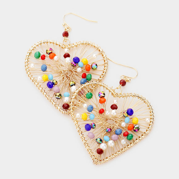 Crystal Bead Thin Wire Heart Dangle Earrings. Gold, Multicolor
