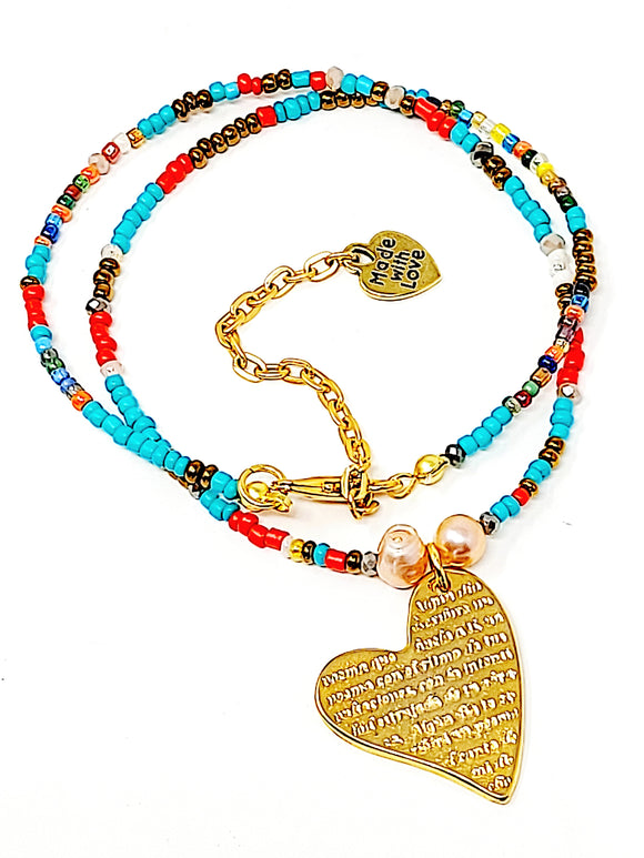 18k Gold Heart Pendant Beaded Necklace. Red ,Blue. ( 16