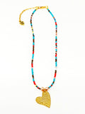 18k Gold Heart Pendant Beaded Necklace. Red ,Blue. ( 16" + 3")