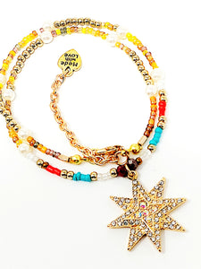 Polar Star Rhinestone Beaded Pendant Necklace. Gold, Multicolor ( 16" + 3" )