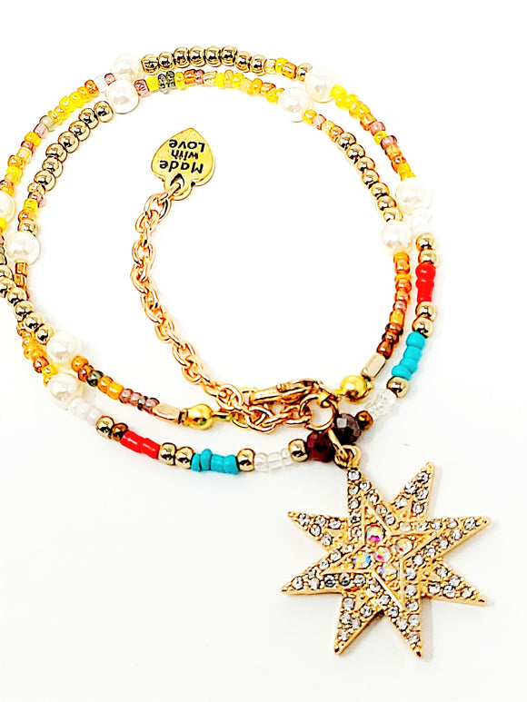 Polar Star Rhinestone Beaded Pendant Necklace. Gold, Multicolor ( 16