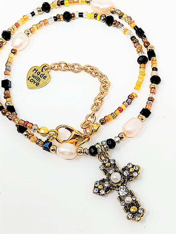 Antique Cross Beaded Necklace. Black, Gold ( 16