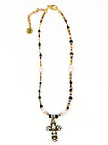 Antique Cross Beaded Necklace. Black, Gold ( 16" + 3" )