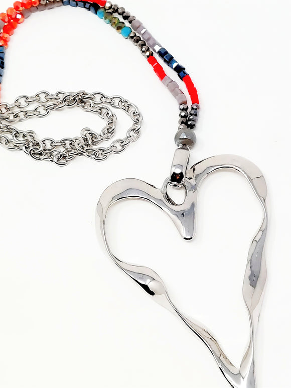 Open Heart Multi Beads Pendant Necklace Set. Silver