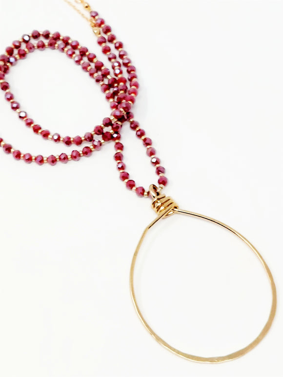 Irregular Open Circle Pendant Crystal Bead Long Necklace. Burgundy