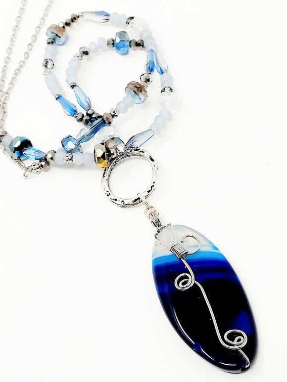 Wire Wrapped Natural Stone Pendant Necklace. Blue , Silver ( 31