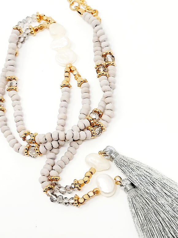 Long Gray Tassel Necklace. Gray, Gold