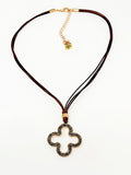 Layered Cord Stone Cluster Quatrefoil Clover Necklace. Black Diamond, Brown, Gold