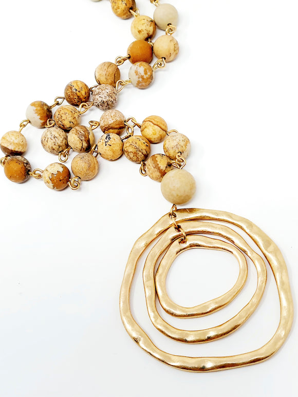 Mix Rings Station Beads Necklace. Brown, Gold