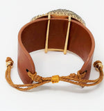 Druzy Accented Leather Cinch Bracelet. Brown, Gold ( Size : 1.5" H Adjustable)