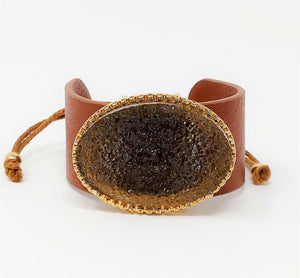 Druzy Accented Leather Cinch Bracelet. Brown, Gold ( Size : 1.5" H Adjustable)