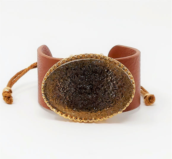 Druzy Accented Leather Cinch Bracelet. Brown, Gold ( Size : 1.5