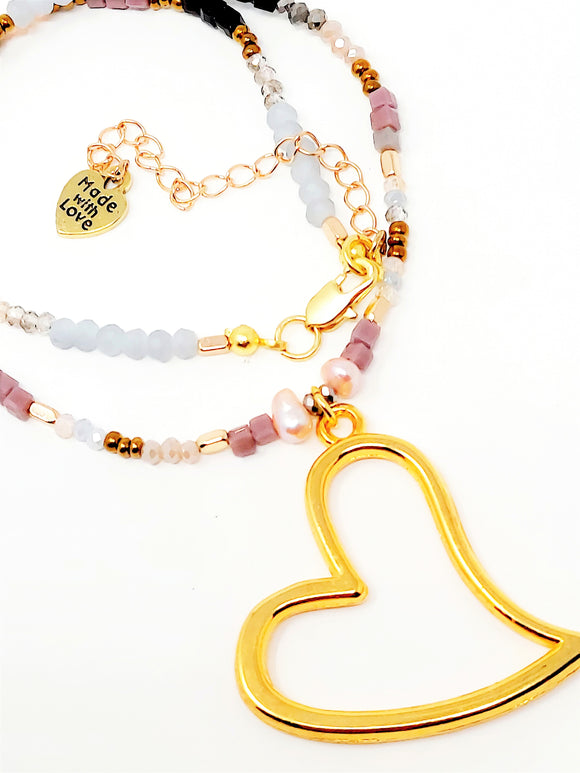 18K Gold  Open Heart Crystal Beads  Necklace . Gold, Malva ( 17