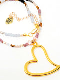 18K Gold  Open Heart Crystal Beads  Necklace . Gold, Malva ( 17" + 3" )