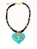 Round Tree Of Life and a Heart Turquoise Natural Stone Leather Choker . Brown, Gold