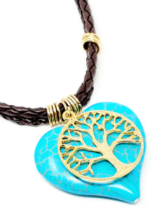Round Tree Of Life and a Heart Turquoise Natural Stone Leather Choker . Brown, Gold