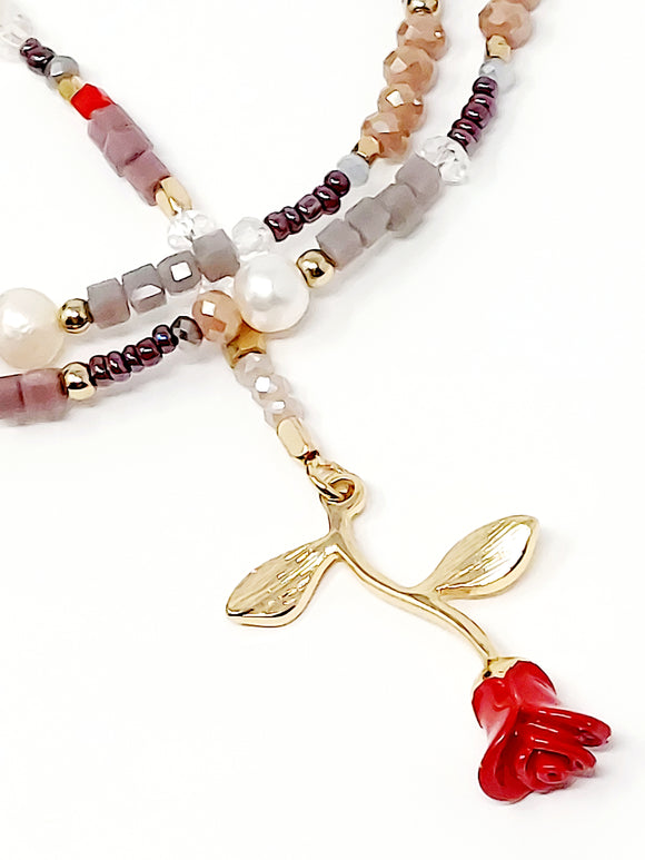 Beads and Pearls Rose Rosary Style Necklace. Purple, Nude