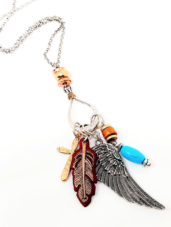 Metal Cross Feather Angel Wing Turquoise Pendant Necklace. Silver ( Size : 21