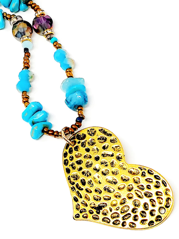 Long Blue Beaded Hammer Metal Heart Long Necklace. Turquoise, Gold Size : (18