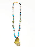 Long Blue Beaded Hammer Metal Heart Long Necklace. Turquoise, Gold Size : (18" + 3" L )