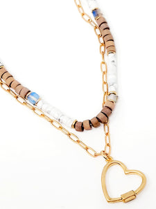 Metal Heart Pendant Wood Natural  Stone Double Layered Necklace. Howlite (Size : 16.5" + 3" L )