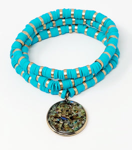 3pcs -Glass Charm Heishi Beaded Stretch Bracelets. Turquoise (Size : 0.75" H)