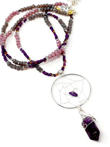 Dream Catcher Amethyst Pendant Necklace . Silver (Size: 21" + 3" L )