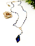 FACETED RECTANGLE BEAD HAMMERED METAL DRUZY LINK Y NECKLACE. BLUE ( Size : 18" + 3" L)