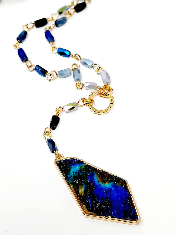 FACETED RECTANGLE BEAD HAMMERED METAL DRUZY LINK Y NECKLACE. BLUE ( Size : 18