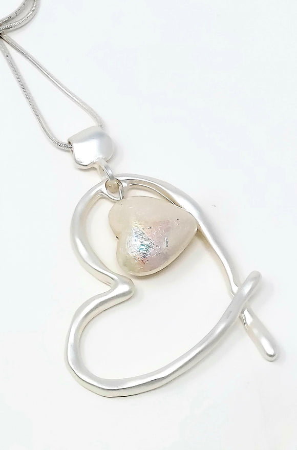 Heart Pearl Drop Pendant Long Necklace. Silver ( 30
