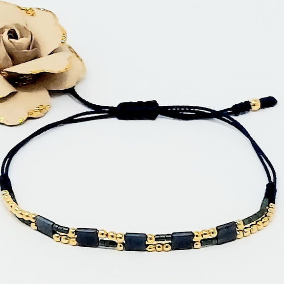 Double adjustable thread bracelet with gold plate balls. Navy Blue, Gold