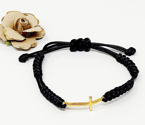 Adjustable thread bracelet for men with gold plate cross. Black