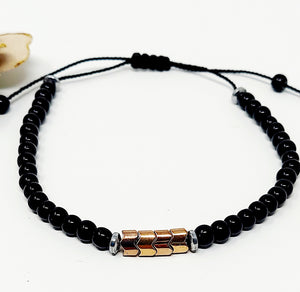 Adjustable Bracelet in Black Thread for men with onyx and stainless steel.  Black