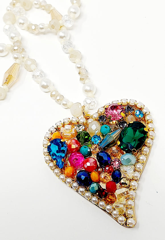 BEAD EMBELLISHED HEART PENDANT PEARL NECKLACE. Color : Multi (  Necklace Size : 16.5