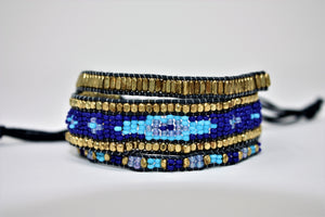 Blue Tribal Beads Drawstring Bracelet