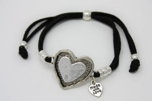 Suede Metal Heart Bracelet - Black, Silver